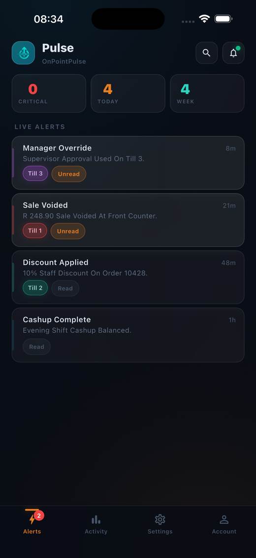 PlatinumPulse live alerts feed showing manager override, sale voided, discount applied, and cash-up complete events